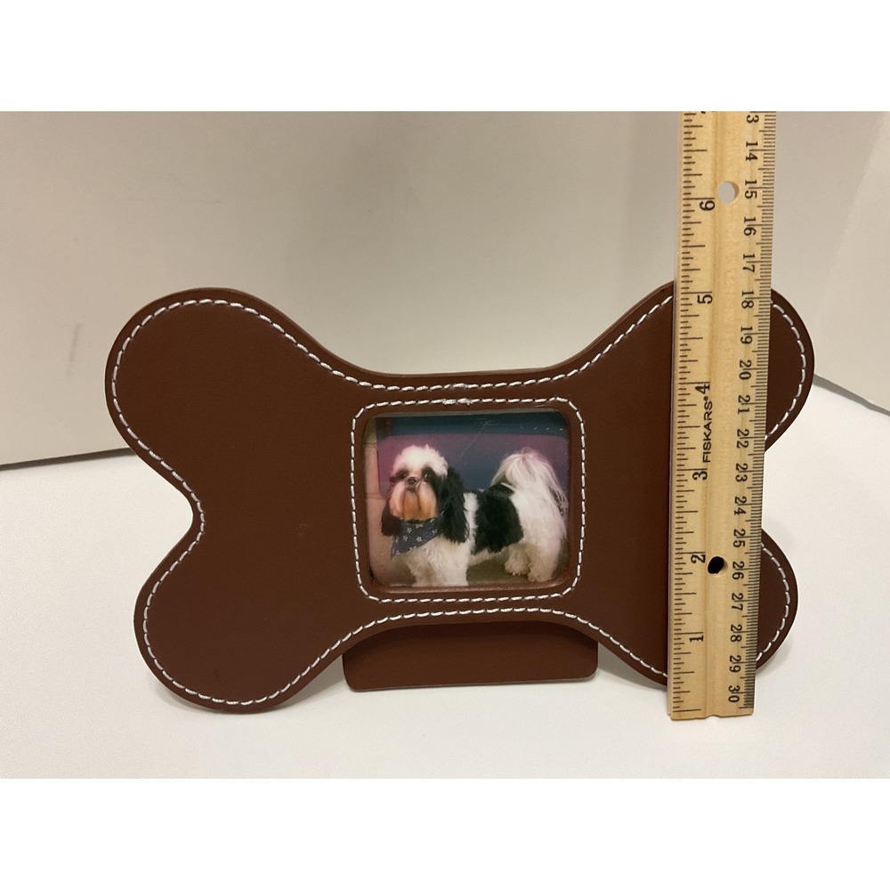 Two's Company Dog Bone Picture Frames Set‎ of 2 Faux Leather Brown Tan Stitched - Picture 4 of 6